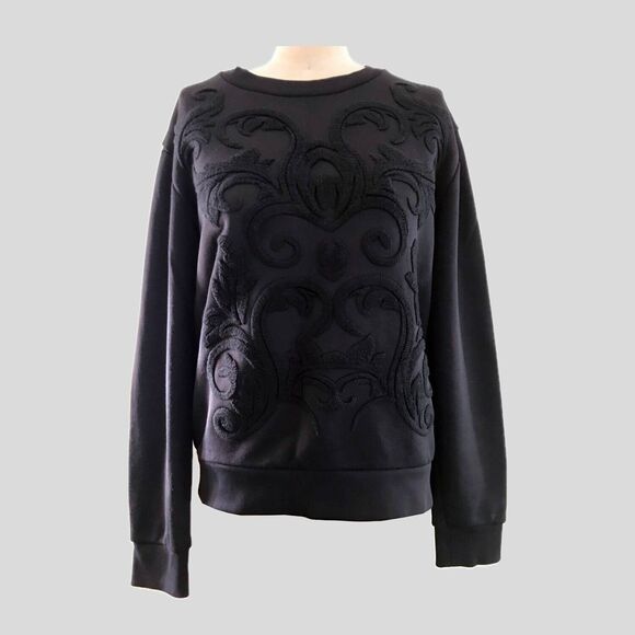 Sandro Black Embroidered Fleur de Lis Cotton Long Sleeve Pullover Sweatshirt - S - Picture 1 of 8